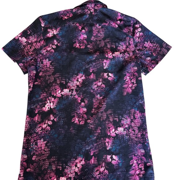 All in Motion Quick Dry, Button Front Men's Sz Small Black + Pink Poly Hawaiian - Picture 2 of 4